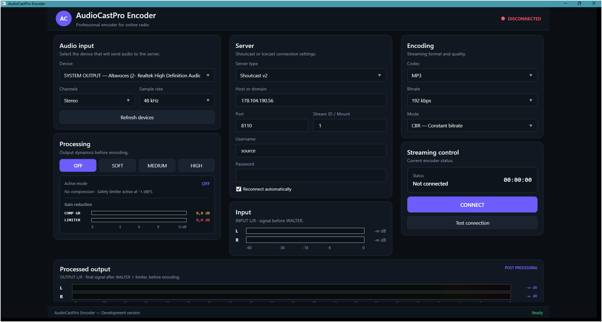 AudioCastPro Encoder streaming AAC-LC to Icecast