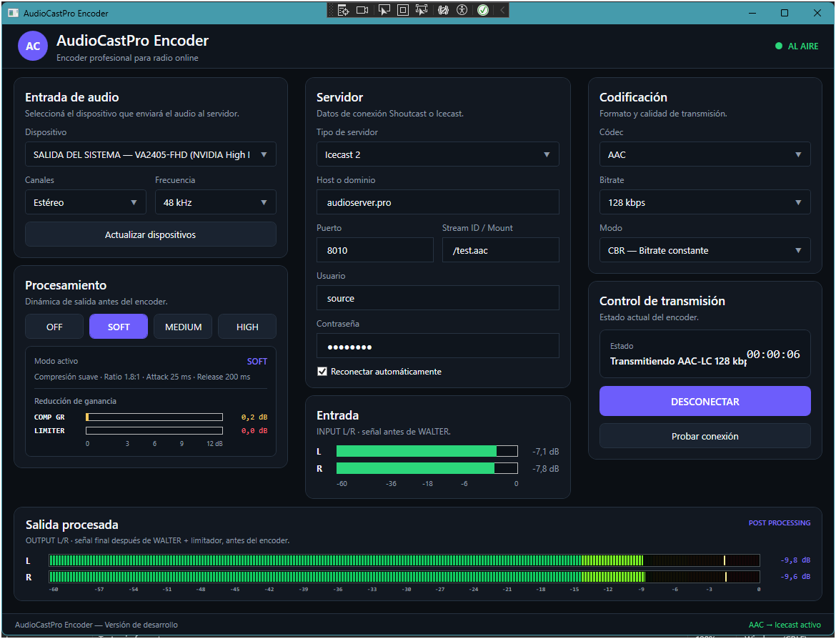 AudioCastPro Encoder transmitiendo en AAC por Icecast